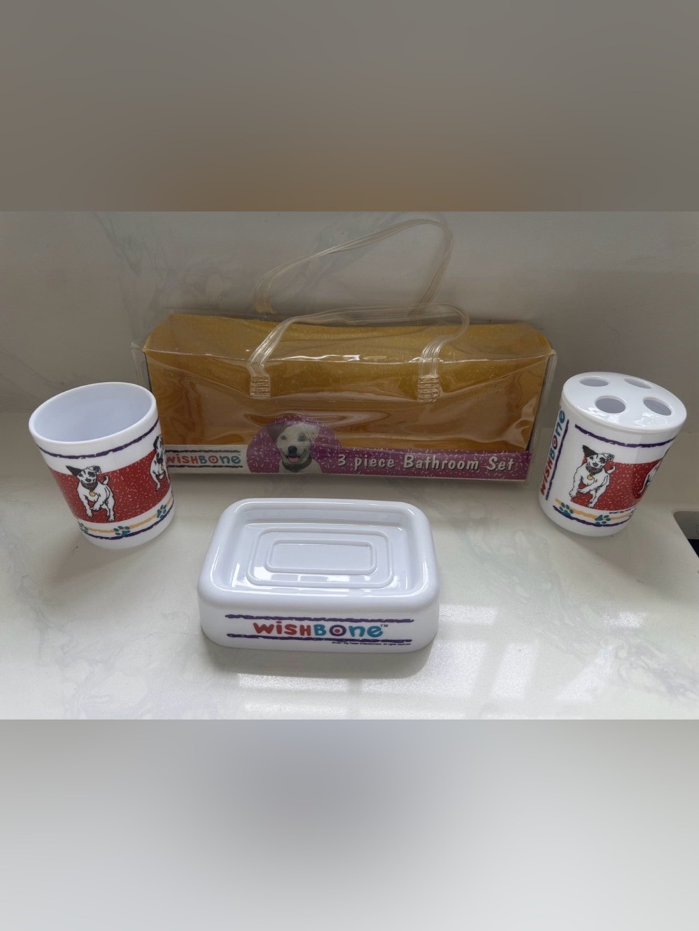 Vintage Wishbone PBS 90s Dog Bathroom Set Cup, Toothbrush Holder, Soap Dish